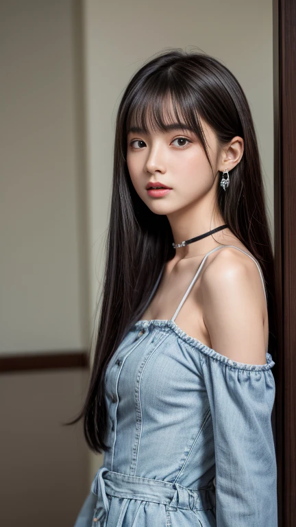 A denim camisole dress featuring lume pleats、Half Sleeve Shirt))whole body viewing angle、beautiful, calm and bright look、Sexy and refreshing look、完璧なbeautifulcute顔、Very bright、Long bangs between the eyes、Long black hair straight hair、とてもcute、beautifully、Se...