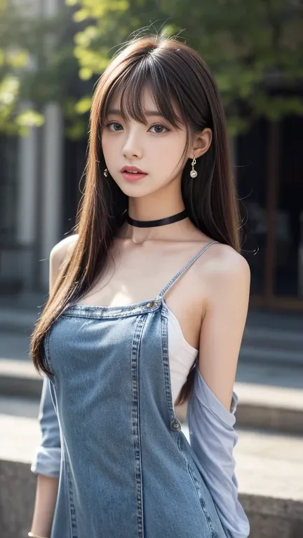 a denim camisole dress featuring lume pleats、half sleeve shirt))whole body viewing angle、beautiful, calm and bright look、sexy an...