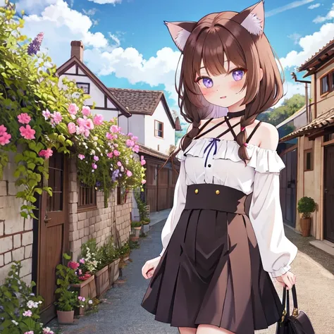 girl, cat ears, violet eyes, skirt, village houses, brown hair, freckles, off-the-shoulder blouse, short skirt,  medieval villag...