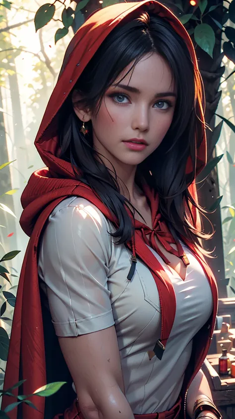 lara croft in the forest(tomb raider)close-up portrait of, (backlight), realistic, masterpiece, highest quality, ((red hooded cl...