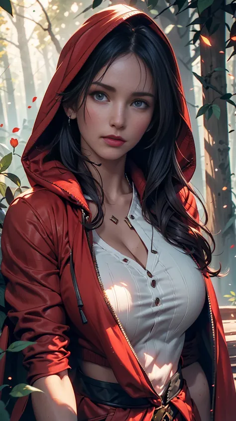 Lara Croft in the Forest(tomb raider)Close-up portrait of, (Backlight), Realistic, masterpiece, Highest quality, ((Red hooded cloak)), ((Scared )), Lens flare, Shadow, bloom, (( Flash of light)), [chromatic aberration], by Jeremy Lipking, by Antonio J. Man...