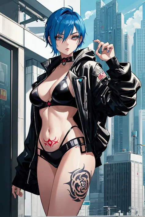 Attractive woman, Asian woman, many tattoos on her body, light blue hair, short hair cut to the side, cyberpunk style rocker woman, futuristic cyberpunk style apartment in the background, 2D DRAWING, 2D ART