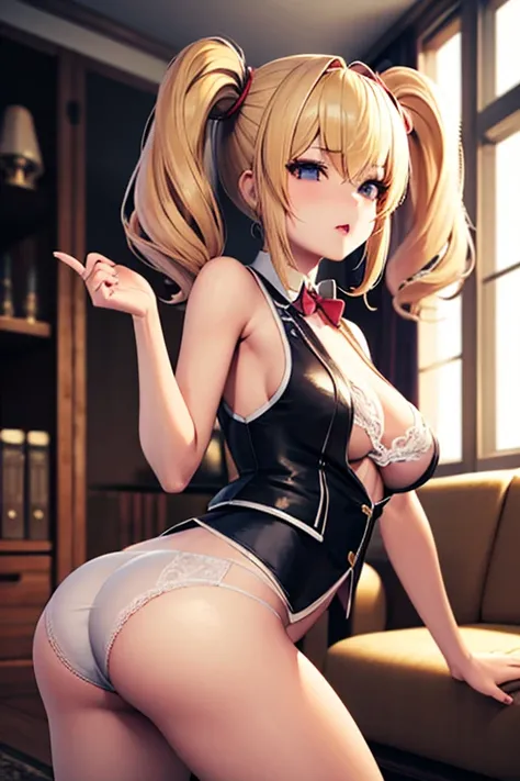 Blonde anime 3D model girl with medium breasts and butt in white lingerie with pigtails, A white bra and vest, Spoiled girl face holding a round lollipop, In the living room, 