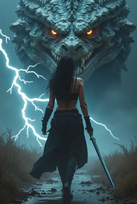 Imagine a realistic scene where a fierce woman is walking determinedly toward the viewer, holding a sword in her hand. The atmosphere is electrified by a thunderstorm raging around her, with lightning bolts illuminating the dark, stormy sky. Her expression...