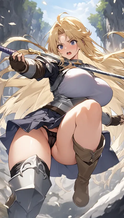 Ultra-high definition image quality、beautiful girl、Female Swordsman、Light armor、Greeboots、Long Hair、blonde、20-year-old、intimidating face、Very short tight skirt、Cowgirl、wilderness、Highest quality,Big Ass、Big Breasts、Thighs、Grasping the hilt of the holy swor...