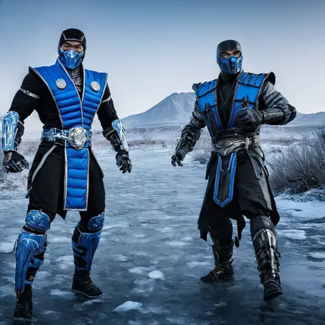 kuai liang),sub-zero with very little metal details in his outfit with his brother,(noob saibot),ultra-realistic with his powerf...