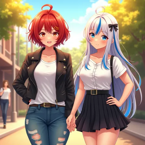 2 girls, school yard, BREAK (masterpiece:1.2), best quality, high resolution, unity 8k wallpaper, (illustration:0.8), (beautiful detailed eyes:1.0), extremely detailed face, perfect lighting, extremely detailed CG, (perfect hands, perfect anatomy), (1 girl...