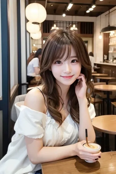 Shoulder-length wavy hair and、Bright hazel eyes、Japanese Female College Student 8K Photo。She is posing at a stylish cafe in Osaka。Casual but feminine fashion style and healthy beautiful body。。Role Model is、TWICEs MOMO。A cafe latte is on the table、She is sm...