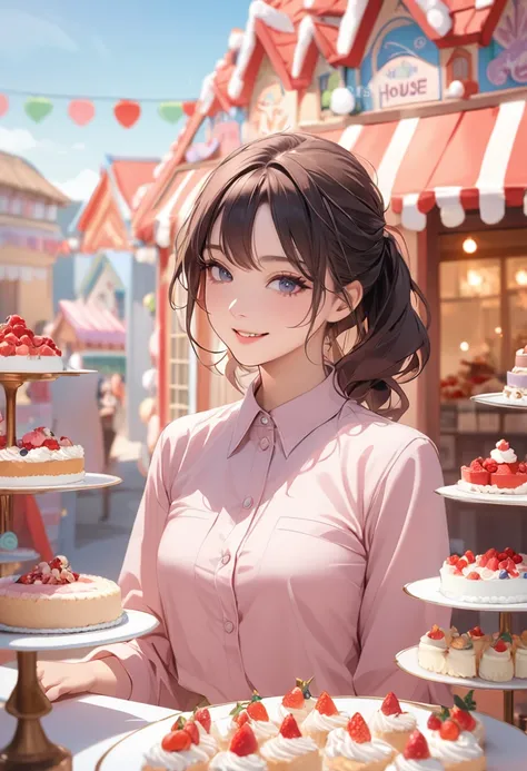 (masterpiece:1.5),(Beat quality),(high res),1girl solo,beautiful face,smile,upper body,Plainclothes woman,Lots of cakes,Candy House