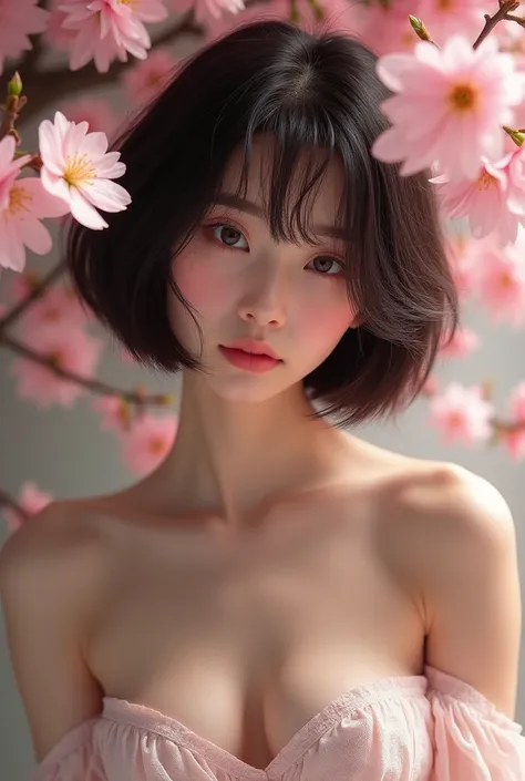 (8k、 RAW Photos、Highest quality、 High resolution:1.1)、nude,  (超Realisticな:1.4)、(Realistic、 Realistic:1.3)、The Beauty of Japan、((Upper Body:1.3))、Bare skin, an embarrassed face、Bobcut、Cleavage、nude