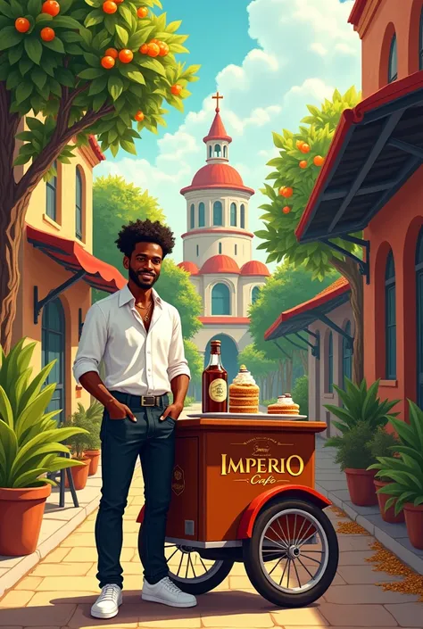 A farm in an imperial castle with coffee plantations with lots of fruit and a young black man with a teenage face and curly, coiled hair and a good straight down with an American cut and a white blouse., with a logo written Império do Café in Portuguese we...