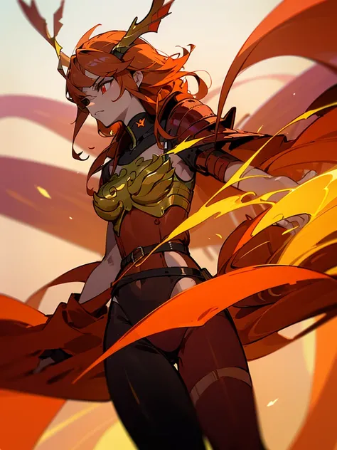 A fierce dragon rider with wild, fiery orange hair and blazing red eyes. She wears a suit of dragon-scale armor that shimmers in shades of red and gold, and a large sword is strapped to her back.