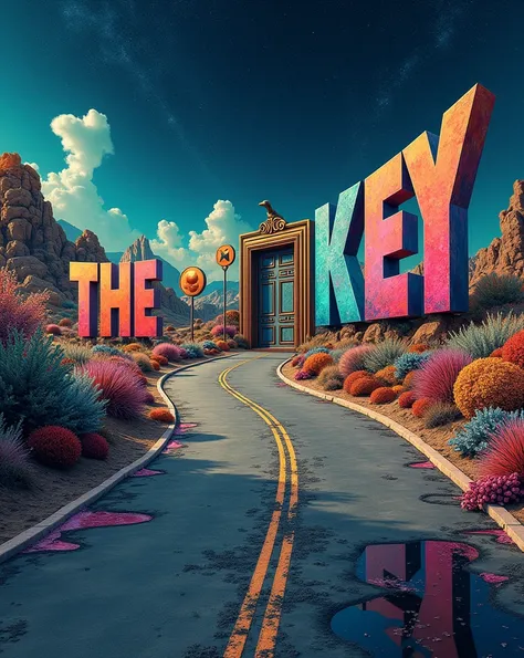 There may be giant letters on the road: The letters of the word "THE LATCH KEY" could extend along the road, forming part of the landscape. They could be three-dimensional or embedded in the asphalt..Dimensional doors: Somewhere along the road, A door may ...