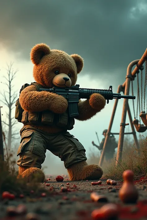 Teddy bear killing zombies with an assault rifle 