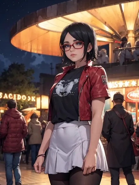 Sarada Uchiha with short hair, black eyes, wearing red glasses, she is wearing earrings and strings. She is dressed like a punk rocker. ( She is wearing a white t-shirt with a rock band print, a pink skirt and a leather jacket with tattoos, pantyhose ), ( ...