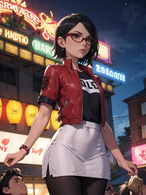 Sarada Uchiha with short hair, black eyes, wearing red glasses, she is wearing earrings and strings. She is dressed like a punk rocker. ( She is wearing a white t-shirt with a rock band print, a pink skirt and a leather jacket with tattoos, pantyhose ), ( ...