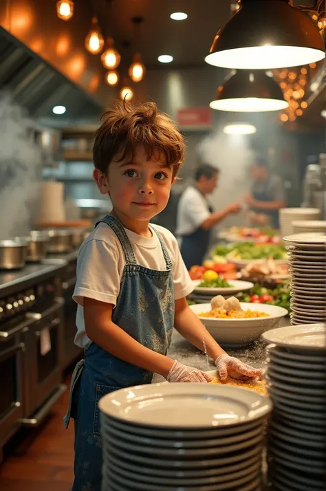 Boy wash the plate in the restaurant