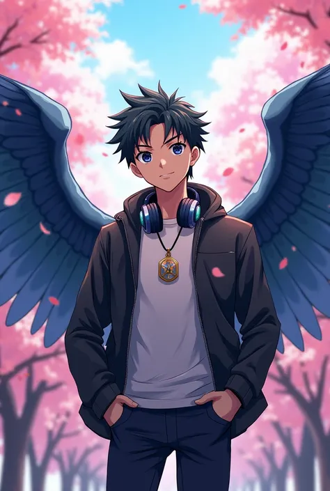 Smart handsome student anime add headphone add v locket add wings add jocket