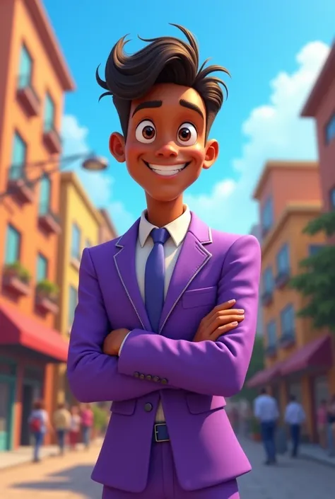 Cartoon male character with brown skin, no beard, wearing a purple suit 