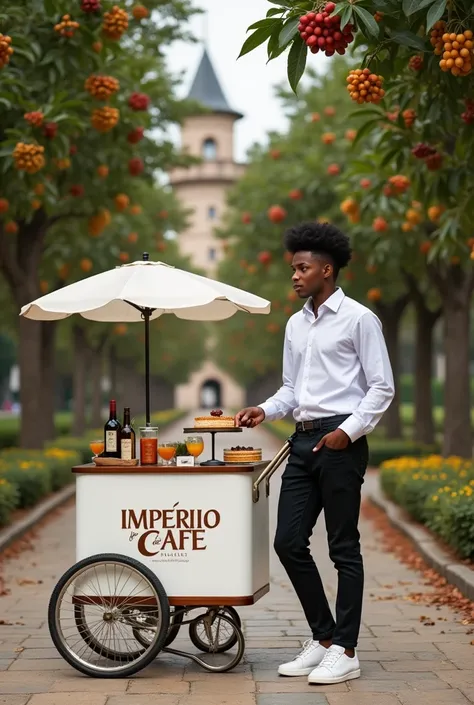 A farm in an imperial castle with coffee plantations with lots of fruit and a young black man with a teenage face and curly, coiled hair and a good straight down with an American cut and a white blouse., with a logo written Império do Café in Portuguese we...