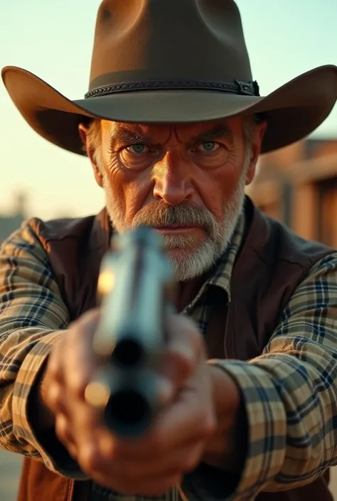 60 year Old man wearing cowboy outfit with the hat while aiming with repertear gun, close up his face