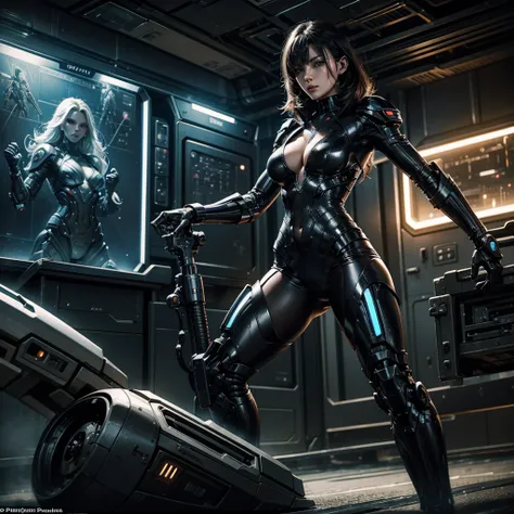 a sexy woman in a futuristic uniform in a battlefield where futuristic soldiers and alien cyborgs face each other, on the field there are signs of battle and pieces of futuristic technology