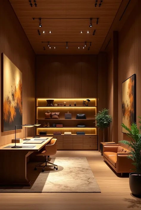 A fashion designer&#39;s studio with a formal yet casual style will have subtle and warm design elements.. Imagine a space with walls and floors covered in dark brown natural wood., create a warm and luxurious feeling. Wood here is not only the main materi...