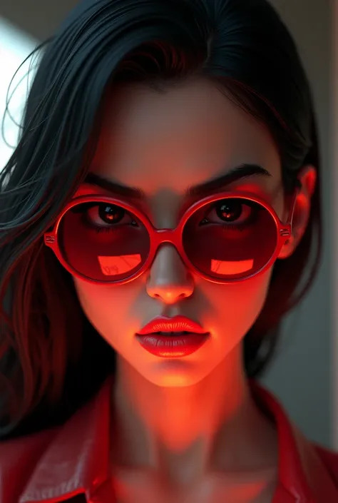 A emma myers,brown eyes,perfect eyes,black hair,close up, angry expression,,put in red oakley glasses, 3d render
