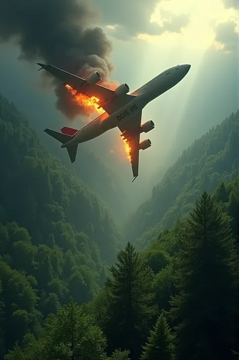 A passenger plane with four engines on fire and about to crash into the ground. Below the plane is a forest. The view is from the top right of the plane.