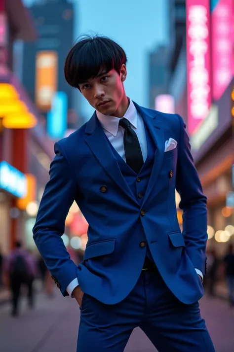 Hot boy in blue suit and tie with black bowl cut shaking his hips