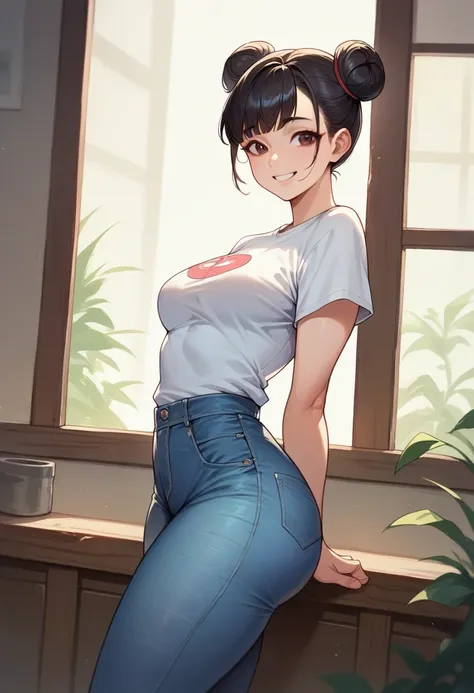 Masterpiece, 1 girl, asian, Korean, black hair, straight hair, double buns, brown eyes, medium breasts, wide hips, round ass, thick legs, friendly smile, cute face, t-shirt, skin tight jeans