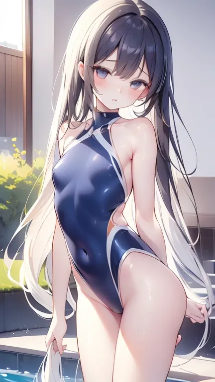 (Highest quality)), ((masterpiece)), (detailed), 一人ののBeautiful woman，Very sexy，(((Small breasts 1.5,One Piece Navy Blue Competition Swimsuit))),By the pool,Body wet with water,
Beautiful woman，Beautiful little face，Beautiful gray eyes,Well-formed double ey...