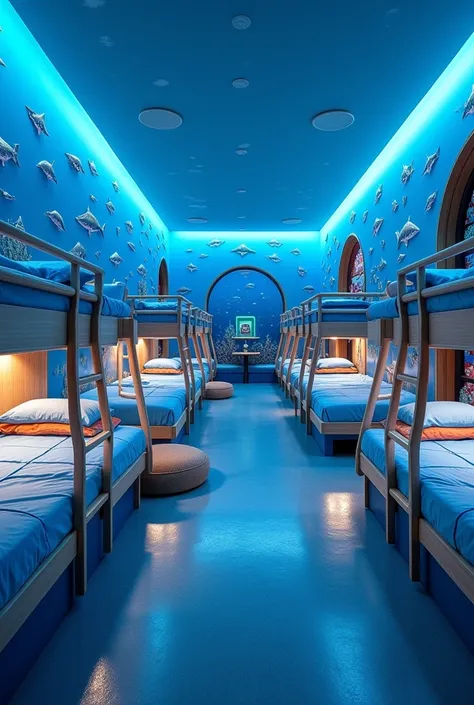 a ten-bed shark-themed dorm, very spacious and nothing  