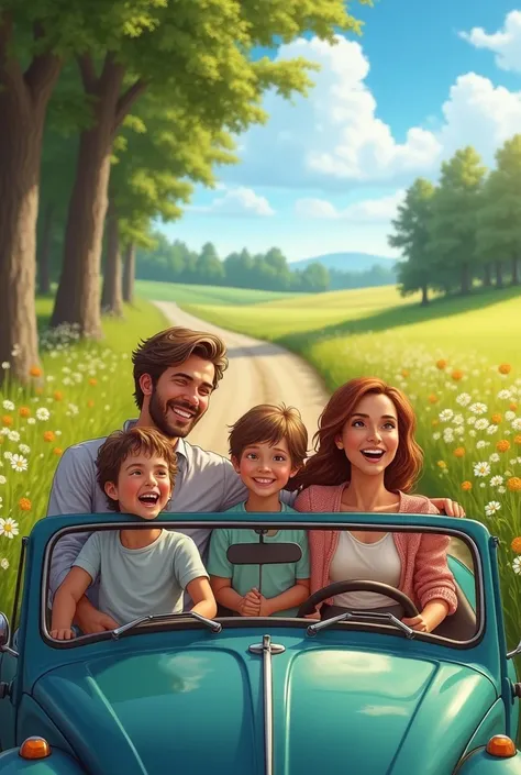 a family going to the countryside in the car with their mother and father and their daughter and son happy and radiant