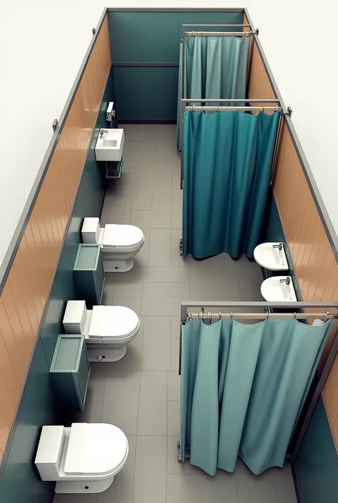 portable toilet perspective. 2 toilet space 2 shower space 2 lavatory and then 2 shower space 2 toilet. one row.