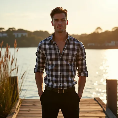 A white man, at 33 years old, model type, with short dark hair, with blue eyes, wearing a plaid shirt buttoned up, black pants,  tennis, on a wooden pier on the Alentejo lake 