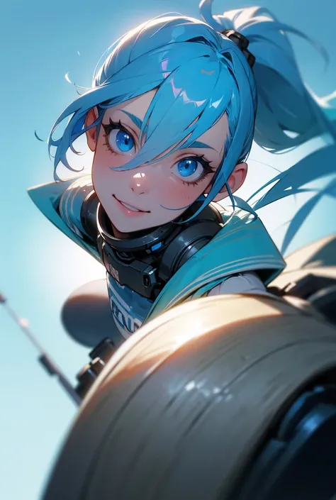 masterpiece, High resolution, Highest quality, One person, smile, Gaze, blue eyes, ponytail, Blue Hair/Light blue hair, Anatomically correct, Very detailed, Textured skin, Ultra high definition, Background blur, 
