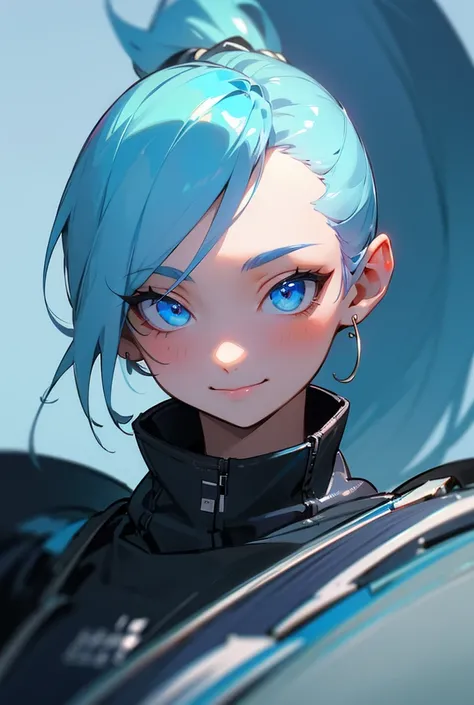 masterpiece, High resolution, Highest quality, One person, smile, Gaze, blue eyes, ponytail, Blue Hair/Light blue hair, Anatomically correct, Very detailed, Textured skin, Ultra high definition, Background blur, 
