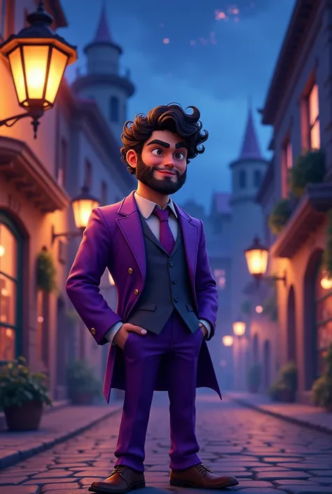 dark character, beardless curly hair male cartoon in purple suit 