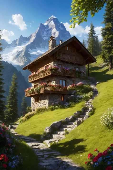 Elegant nature、Scandinavian architecture many house、beautiful flower々、Beautiful Mountain々、Alps-like mountains々、Free Sky、sunny、Beautiful images、Live-action-like images、Realistic texture