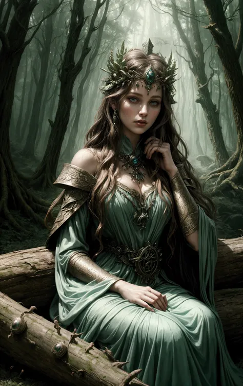 a woman in a dress sitting on a log in a forest, fantasy genre portrait, medieval fantasy art, beautiful fantasy art, realistic fantasy illustration, moody misty fantasy art, beautiful maiden, celtic fantasy art, elfic priestess, beautiful fantasy maiden, ...