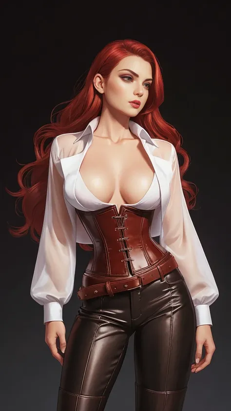 a gorgeous woman wearing a white silk shirt with a deep v neck, brown leather pants, and a belt, cinched waist, dramatic lighting, photorealistic, high fashion editorial, corset, red hair, large breasts