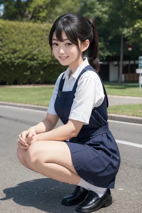 1japanese girl, wearing high school uniform, navy blue pinafore long dress, white folded socks, black penny loafers, low ponytail, squatting, in park, smile, BREAK, full body shot, focusing face, BREAK, best quality, ultra high res, (photorealistic:1.4), R...