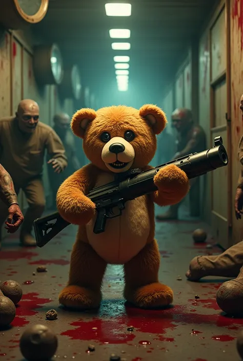 Teddy bear killing bloody zombies Gun in a tank