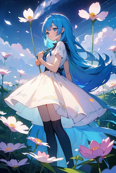 (High resolution、Very detailed、Hmph、movie)、alone、1 person、happiness、Girl Standing In Cosmos Flower Garden、Around the petals、Cute Smile、Ezvian Everywhere、Girl with long blue hair、Light blueの髪、I&#39;m looking forward to、Fantasy、Official Art、Pop Art、profile、V...