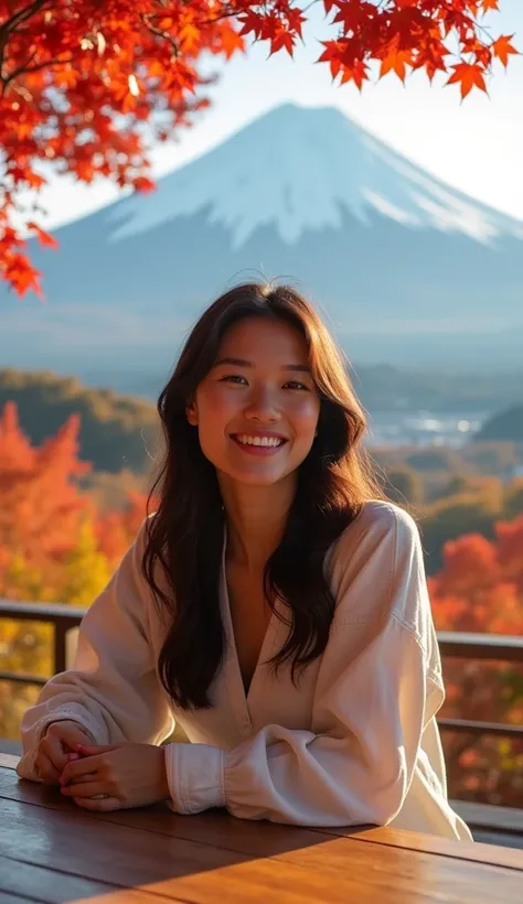 A stunningly beautiful 28-year-old woman, detailed beautiful eyes and face is sitting at a table with a view of the Fuji Mountain with red maple and yellow ginkgo tree leaves. Popular images: Medium angle shot, eye level, happy expression, facing the camer...