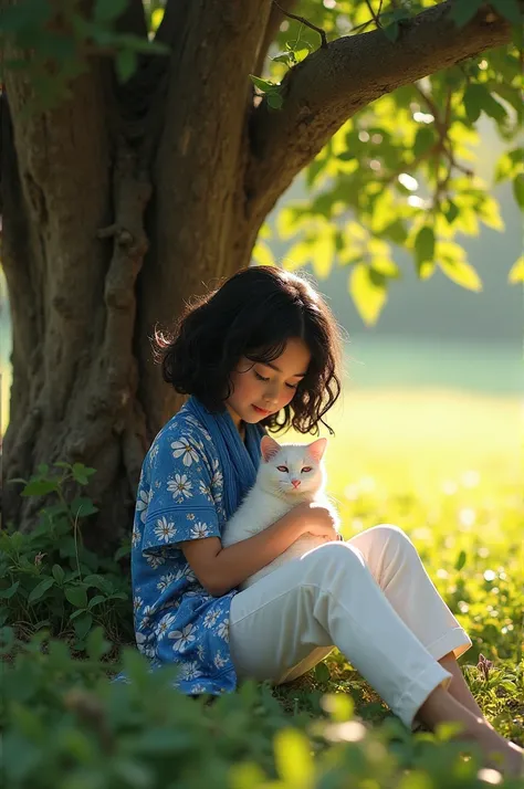 A young girl, slightly curly hair, black hair, wearing a white trousers, blue and white designed tunic,a blue floral scarf, holding a white beautiful cat , sitting under a tree