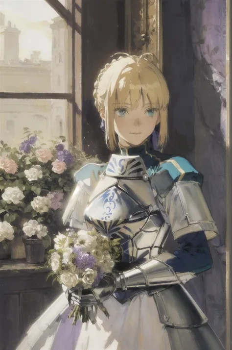 (art by (Carl Larsson:1.2,artoria_ pendragon,portrait painting,1 girl,an armor,,,,,half_shooting,bright, ,,,flowers and plants,sun,sparkling eyes, Wedding dress 