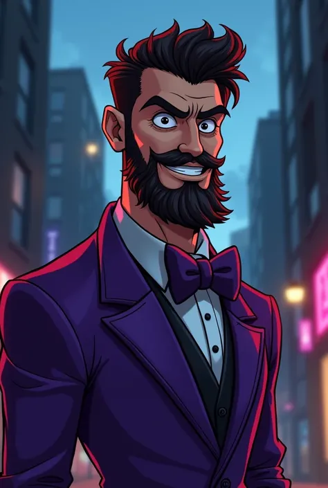 dark character, sem beard,
male cartoon in purple suit 