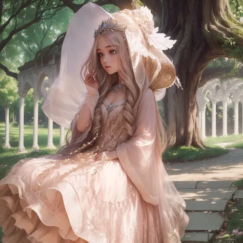 there is a young girl with a tiara standing in a park, wearing tiara fractal de cristal, beautiful languid princess, a striking young ethereal figure, wearing tiara, ultra realistic fantasy tiara, girl with super long hair, very beautiful elven top model, ...